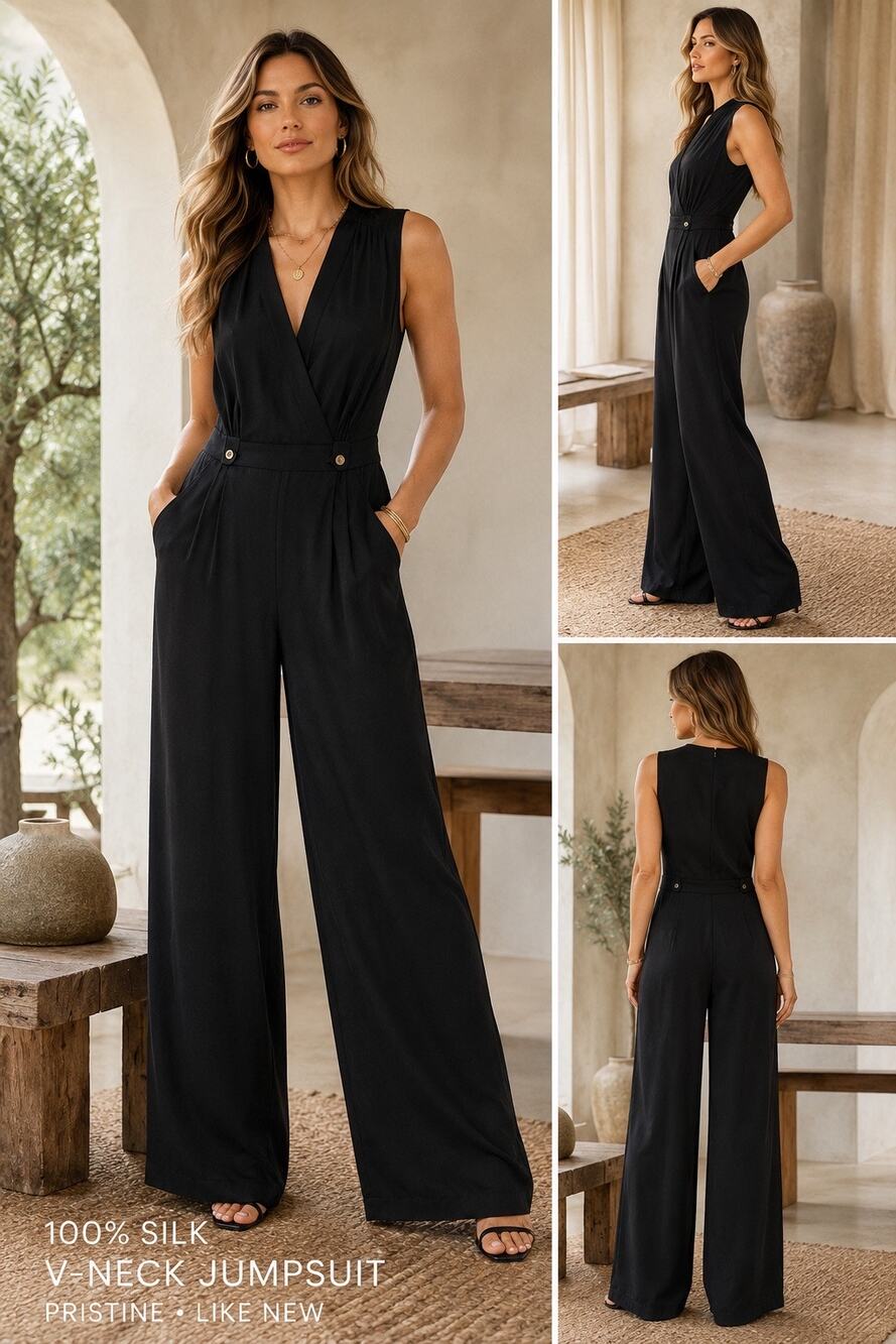 Yumi Kim 100% Silk Black Wide Leg Jumpsuit Sleeveless V-Neck Luxury Pristine  XS